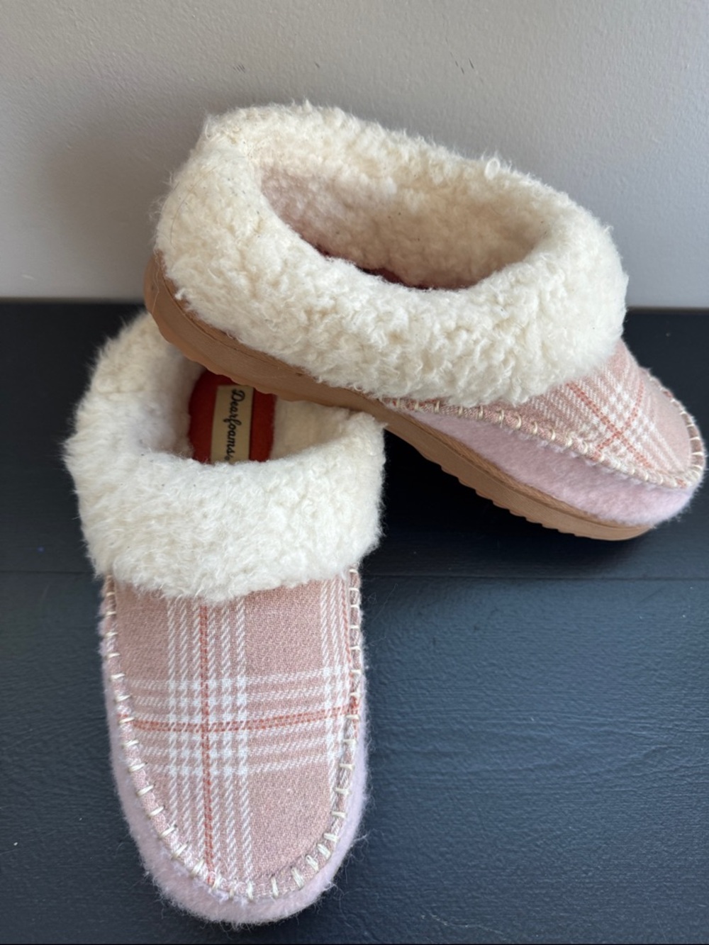 Dearforms Pink Plaid Sherpa Mule/Clog Style Slip On Cozy Women’s Slippers 7/8